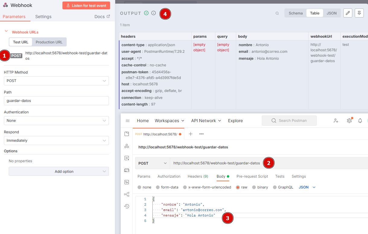 Test nodo Webhook con postman
