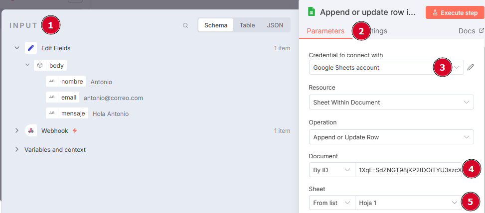 Configurar nodo Google Sheet