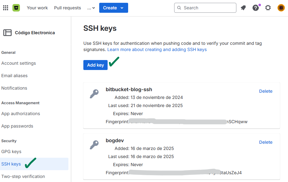 SSH Keys en personal setting