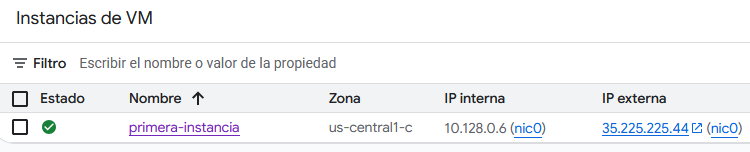 Listado de instancias VM