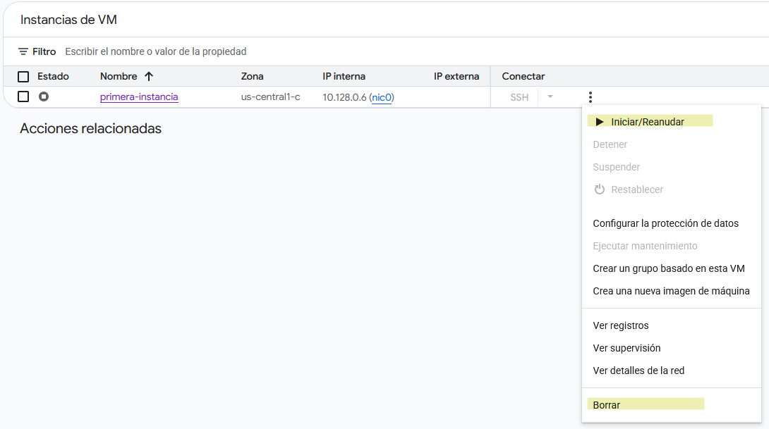 Siguientes estados después de detener instancia VM