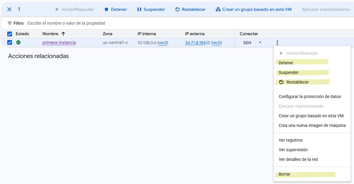 Siguientes estados después de iniciar instancia VM