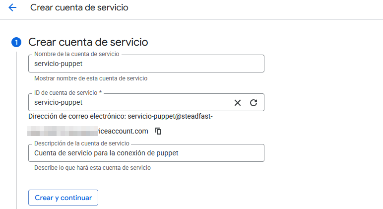Formulario para crear cuenta de servicio