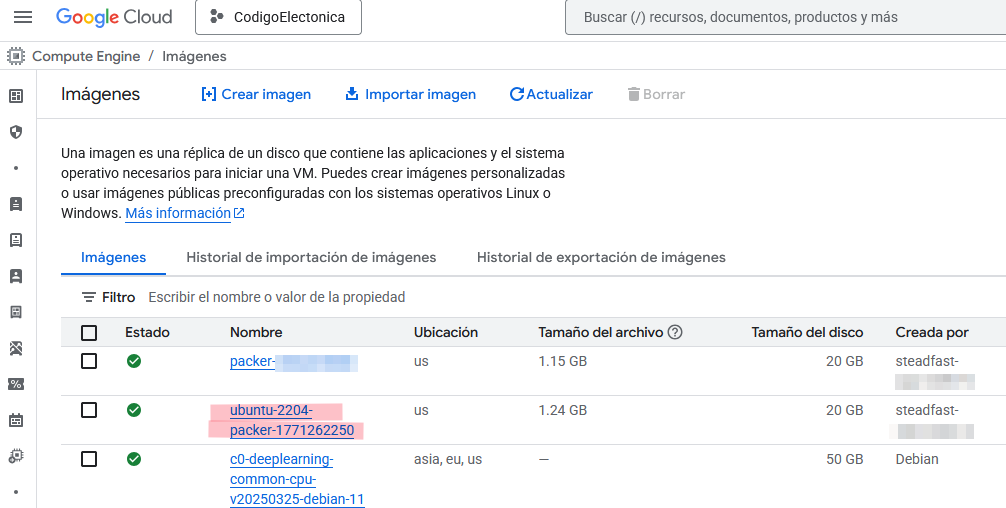 Listado de imágenes de GCP