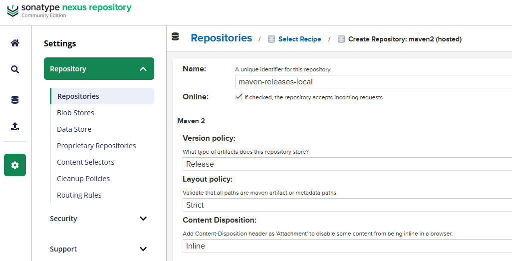 Formulario para crear repositorio Maven en Nexus