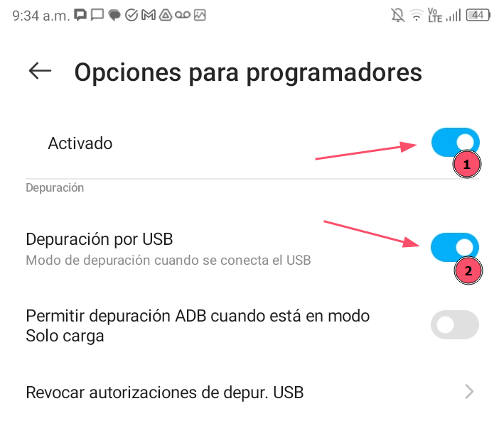 Opciones de desarrollador