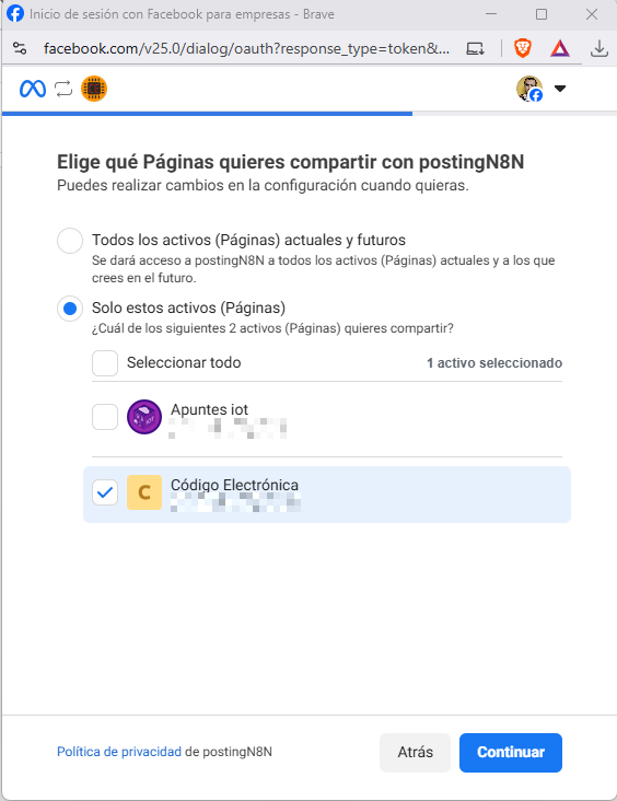 Seleccionamos la página para compartir