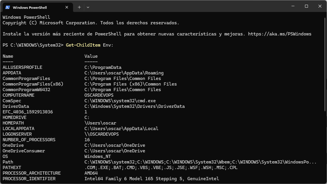 powershell Get-ChildItem Env