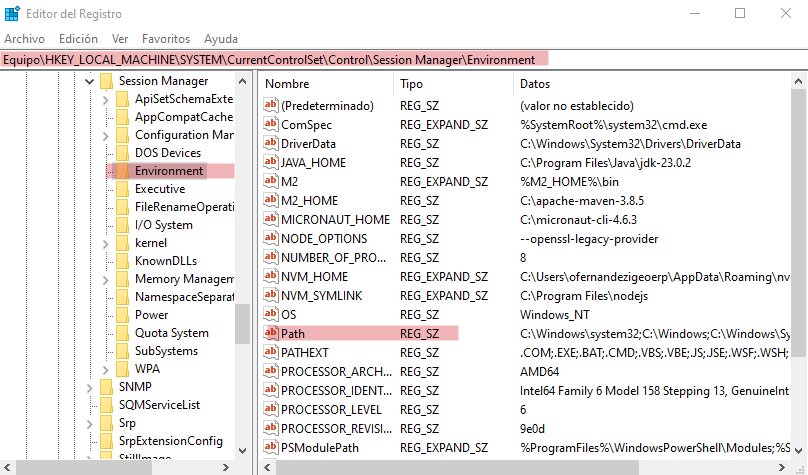 Editor de registros, variable sistema