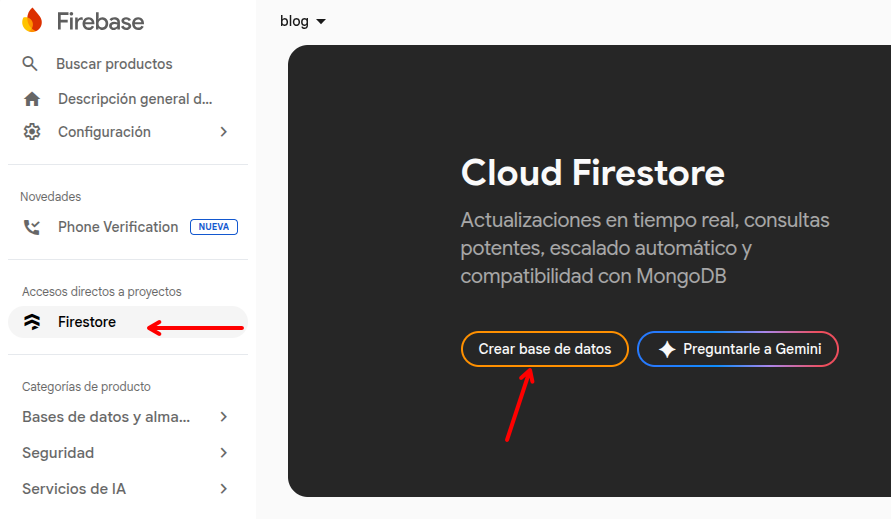 Crear base de datos Firestore